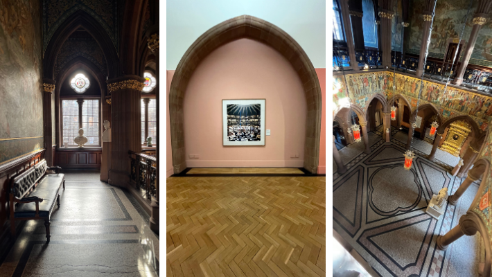 A selection of three photos. The left hand side is a bench in the main gallery. The second is a photograph in an archway. The third is taken from the balcony in the main hall of the portrait gallery.