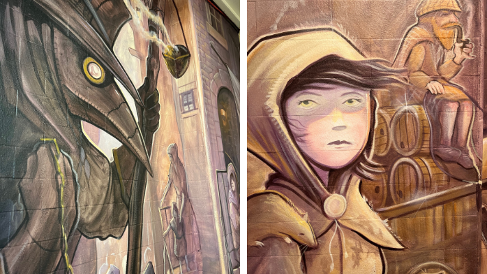 Two murals by Ross McCrae. The left is of a plague doctor with a masked face. The right is of a little girl with yellow eyes.