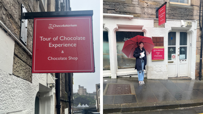 Images showing the outside of Edinburgh Chocolatarium. A girl stands with a red umbrella smiling.