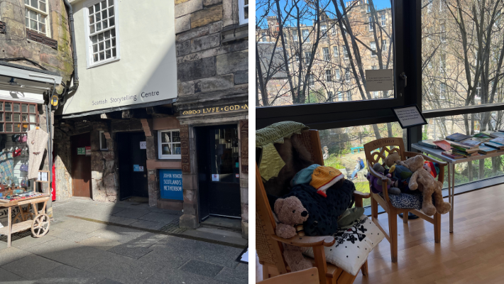 The left hand picture is the buggy and wheelchair entrance to the Scottish storytelling centre. The left hand image is two chairs with cuddly toys.