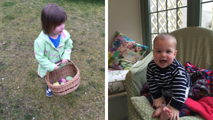 The photo on the left is of a small girl holding an Easter basket. On the right there is a small baby sitting in a chair.