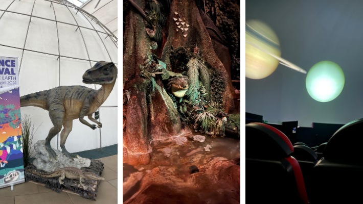 This is a row of three photos from Dynamic Earth. It includes a dinosaur for the Edinburgh Science Festival, a crocodile from the rainforest section, and two planets from the dome.