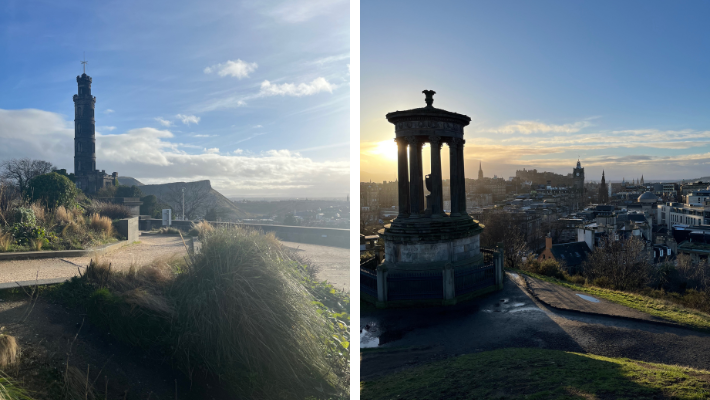 The national monument and the dugald stewart monument at the top of Calton Hill. 