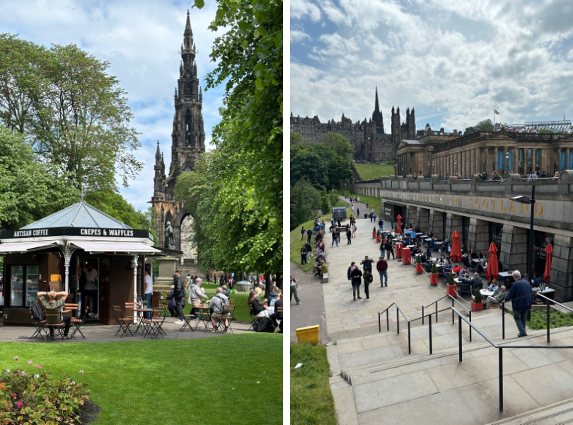 East Princes Street Gardens. The left hand image shows the pancake house and Scott monument. The right hand side image shows the national gallery.