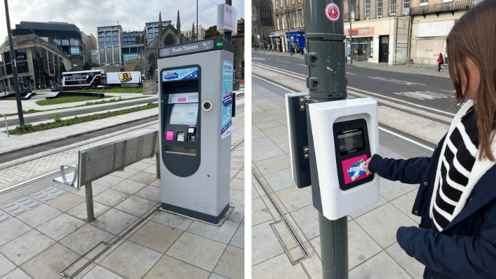The left image is of a ticket machine at a tram stop in Edinburgh. An Edinburgh bus can be seen in the background. The right hand image is a child validating their ticket before getting on a tram in Edinburgh.