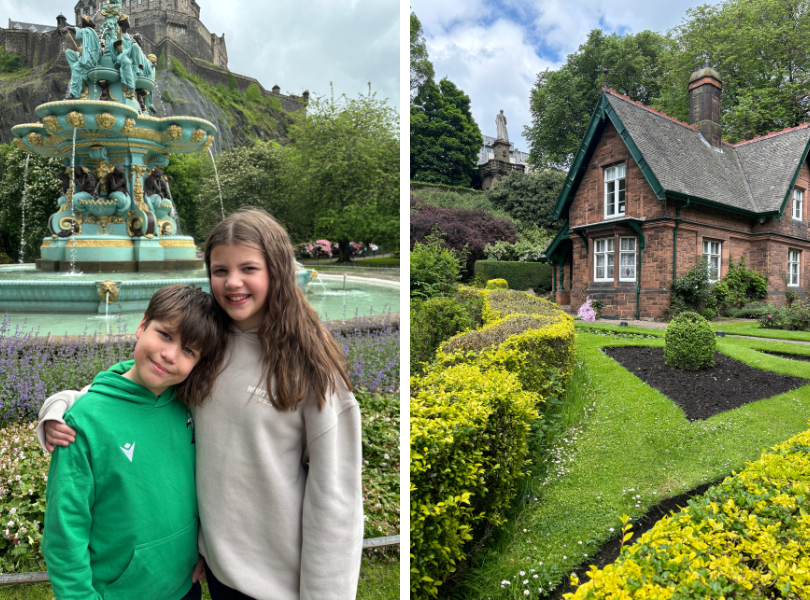 Two children stand in front of the Ross Fountain in Princes Street Gardens. The right hand image is of the gardeners cottage from CBBC.