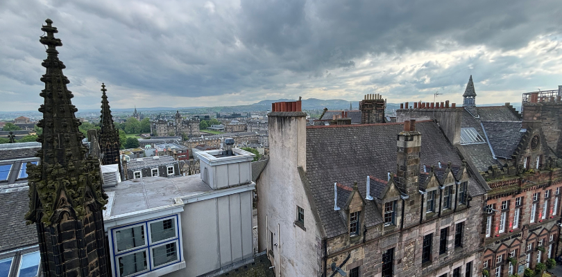A view of Edinburgh roof tops from the Camera Obscura. A castle like building can be seen in the centre which is Heriots school.
