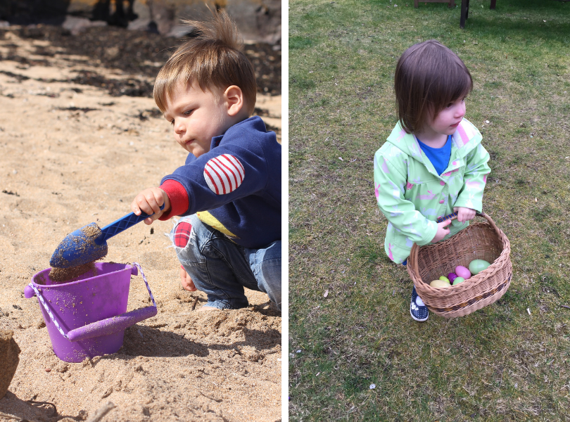 Child playing in sandpit and with easter egg collecting basket