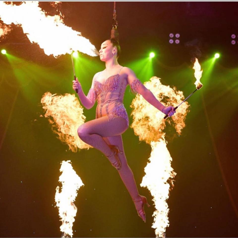 Fire breathing acrobatics at Circus Vegas
