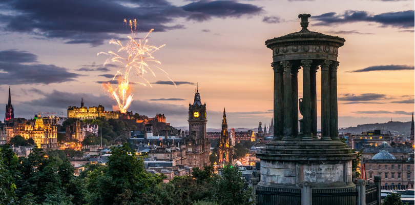 Fireworks launching from Edinburgh Castle viewed from Calton Hill