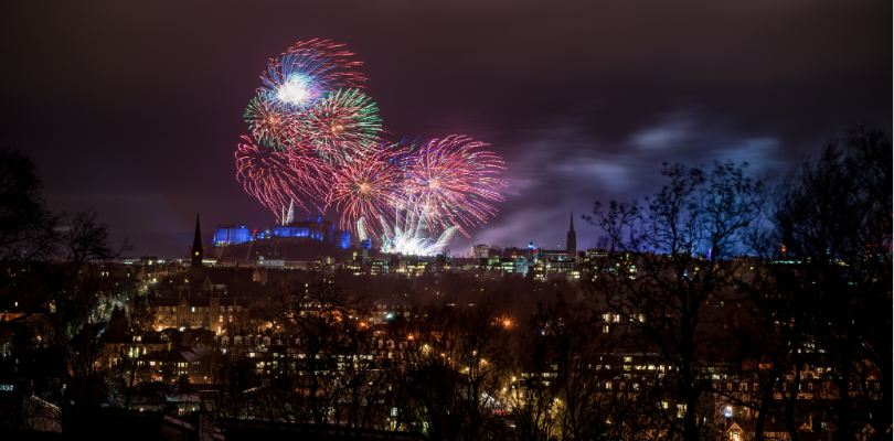 Fireworks launching from Edinburgh Castle viewed from Calton Hill