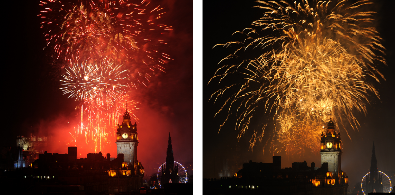 Fireworks launching from Edinburgh Castle viewed from Princess Street West